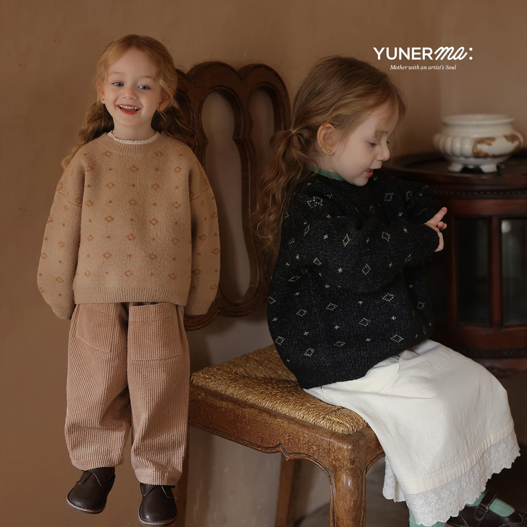 允儿妈女童秋冬新款小众复古圆领套头针织衫宝宝韩系洋气毛衣上衣