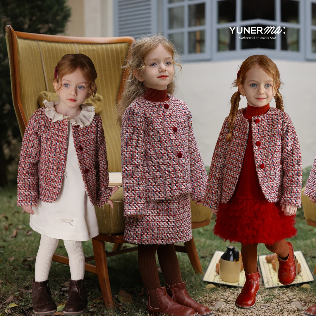 允儿妈女童圣诞新年绵羊毛混纺小香风外套宝宝洋气半裙儿童套装潮