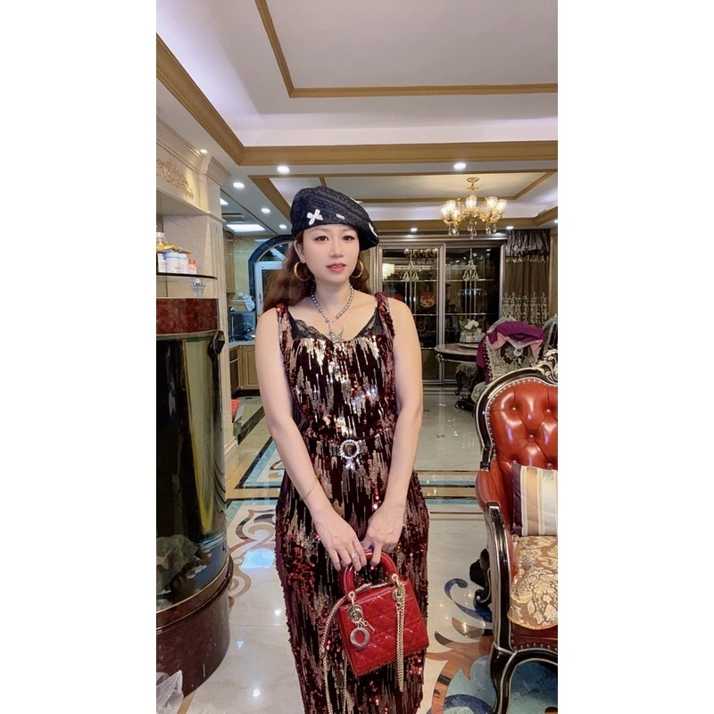 22331夏季无袖气质显瘦亮片吊带裙轻奢连衣裙