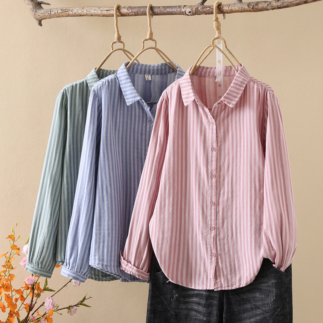 双层棉纱色织竖条纹复古文艺休闲女士2025春秋季新款衬衫上衣气质
