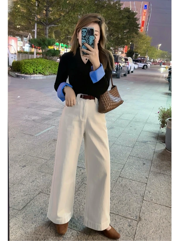 大顾家【磨毛】小个子新款磨毛九分米白直筒阔腿裤