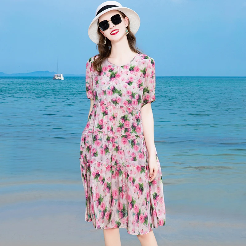 100%桑蚕丝浅粉色宽松女装连衣裙大码显瘦时尚气质收腰大牌6889