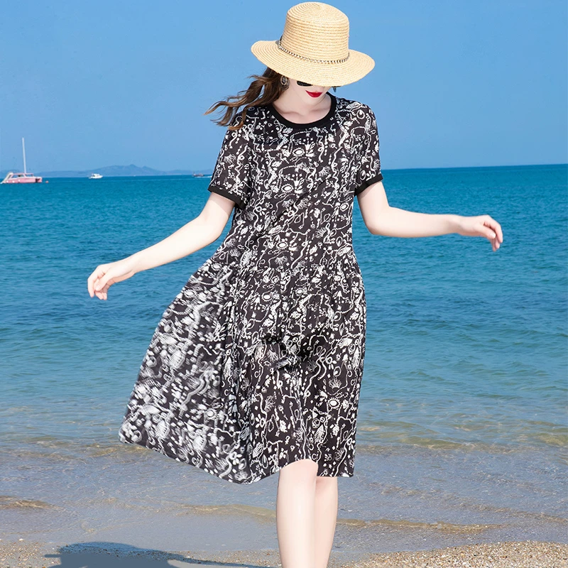 普拉妮【星河璀璨】100%桑蚕丝宽松夏季休闲气质时尚连衣裙6862