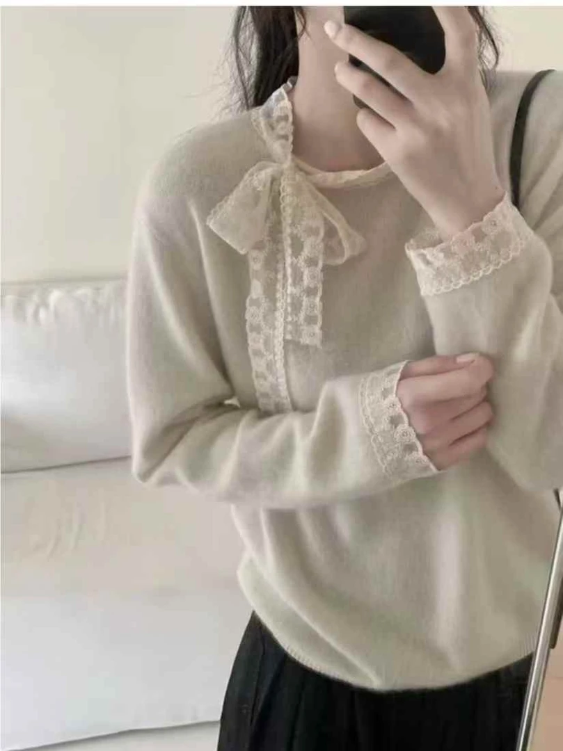 气质温柔蕾丝蝴蝶结系带女秋冬韩系宽松针织衫内搭长袖上衣#1016
