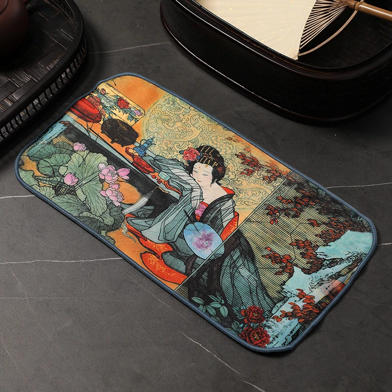 贵妃醉酒中国风复古水墨画绒毛吸水茶巾加厚茶布茶杯垫茶具配件