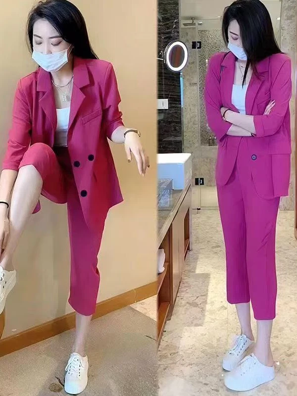 网红爆款时尚套装女2024年夏季新款设计感显瘦职业西服+哈伦裤潮