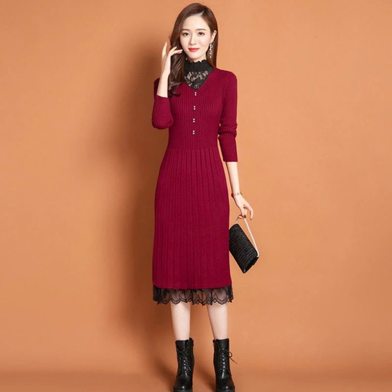 新款毛衣半高领针织蕾丝打底裙显瘦气质长袖时尚过膝秋冬季中长款