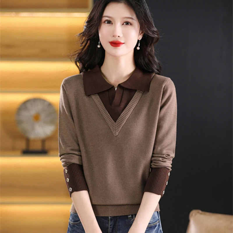 打底针织翻领针织衫女装打底衫春秋洋气时尚宽松假两件秋季百搭