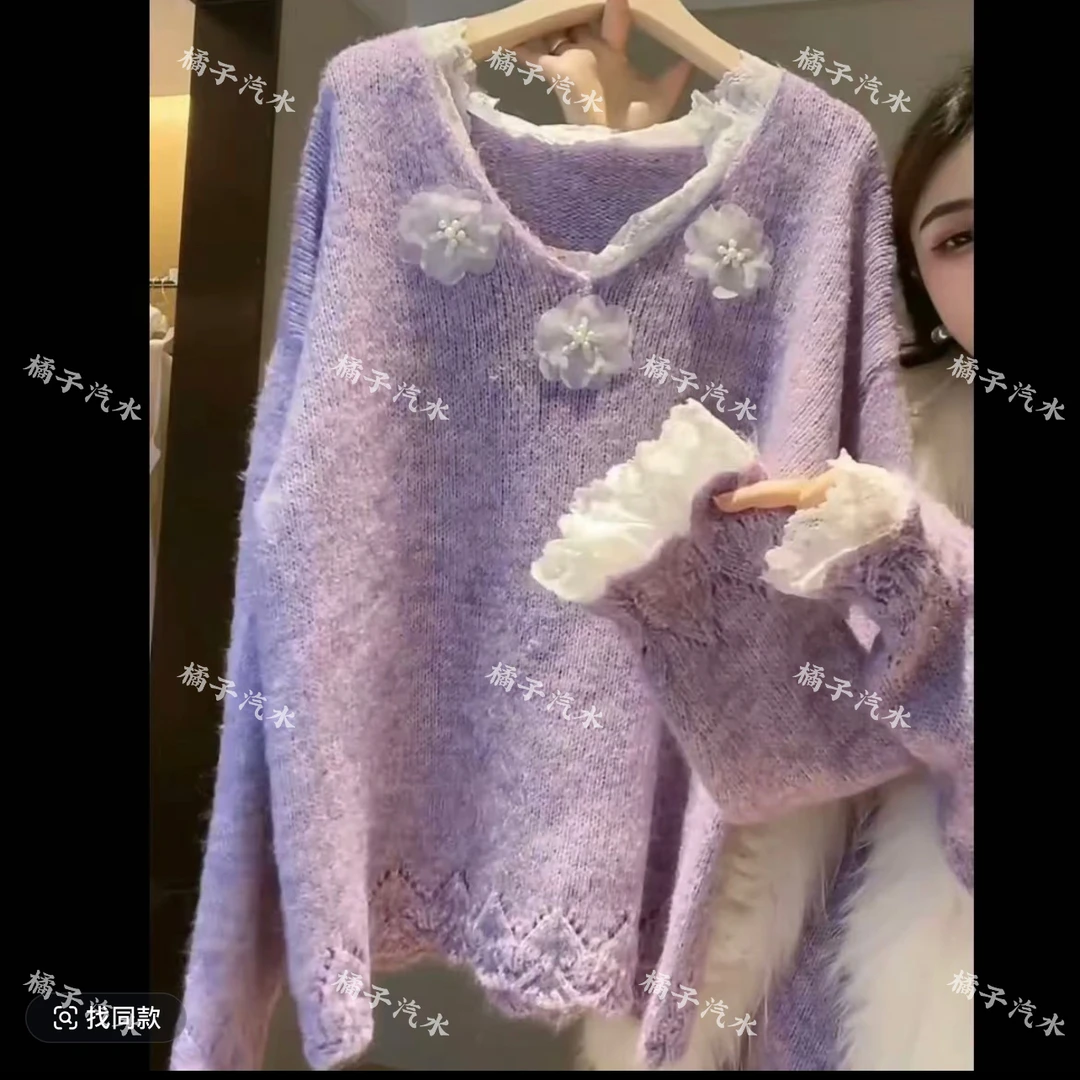 112-三朵立体花朵遮肉针织毛衣女秋冬设计感蕾丝花边拼接针织衫