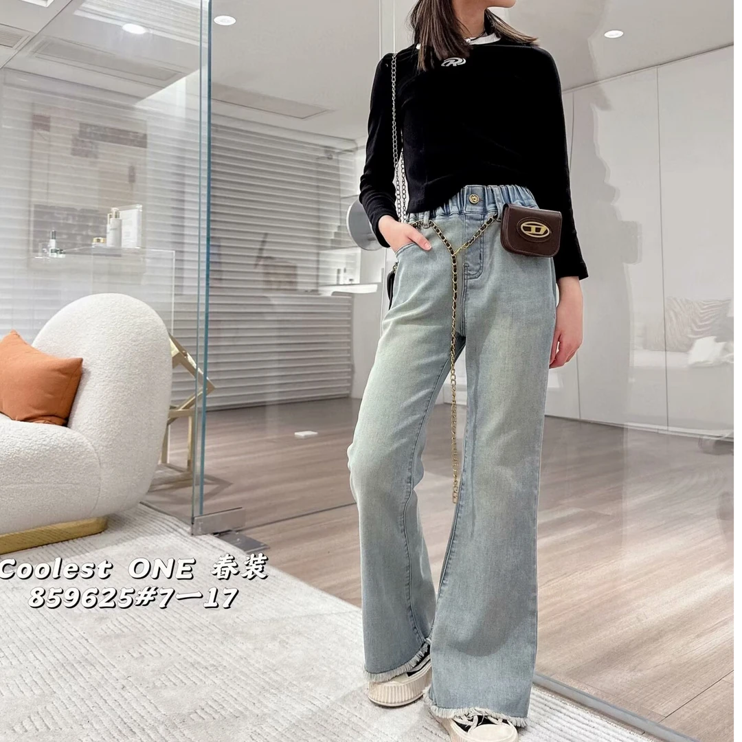 2024秋季新款女童韩版复古美式牛仔喇叭裤