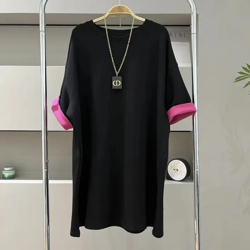 夏季新款袖口拼接洋气百搭宽松纯色中长款圆领T恤上衣