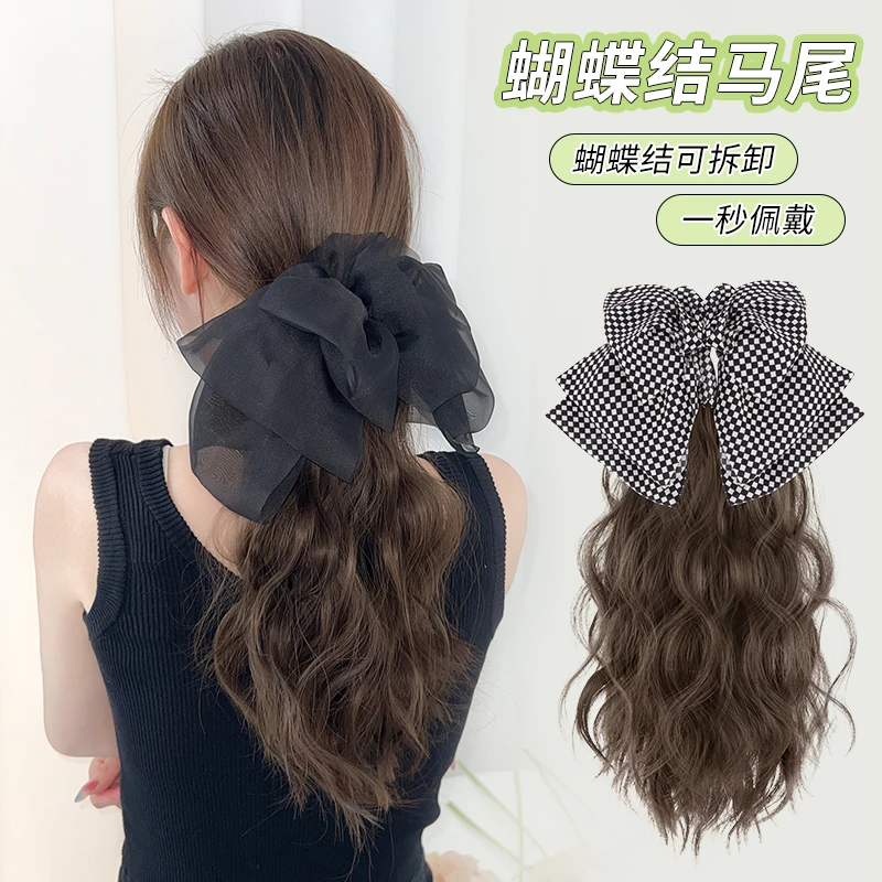 温柔气质蝴蝶结假发抓夹式马尾自然蓬松卷发马尾造型