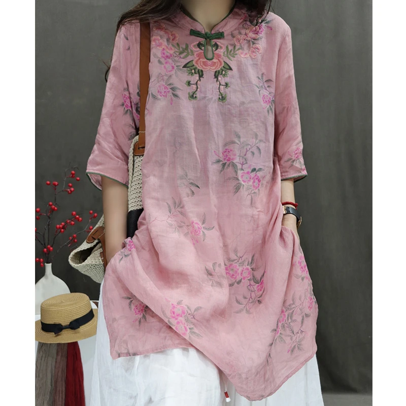 中式碎花夏季薄款复古棉麻印花立领衬衫宽松显瘦洋气刺绣套头上衣