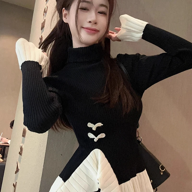 新中式不规则撞色盘扣荷叶边针织衫女秋冬修身高领打底衫内搭上衣