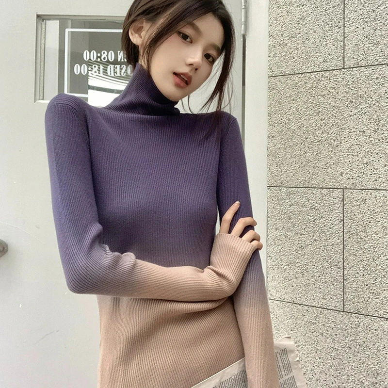 秋冬季韩渐变色高领长袖针织衫版新款设计感修身显瘦时尚打底上衣