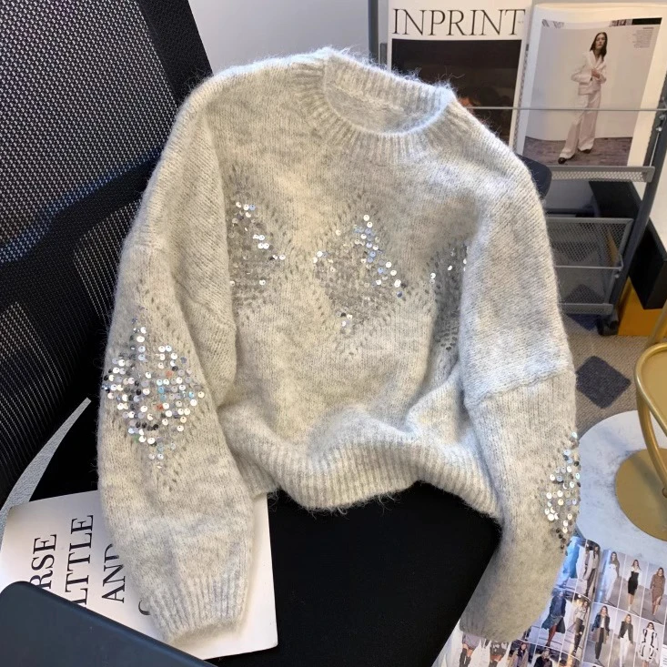 灰色重工菱格亮片套头长袖毛衣秋冬新款洋气百搭宽松显瘦针织衫女