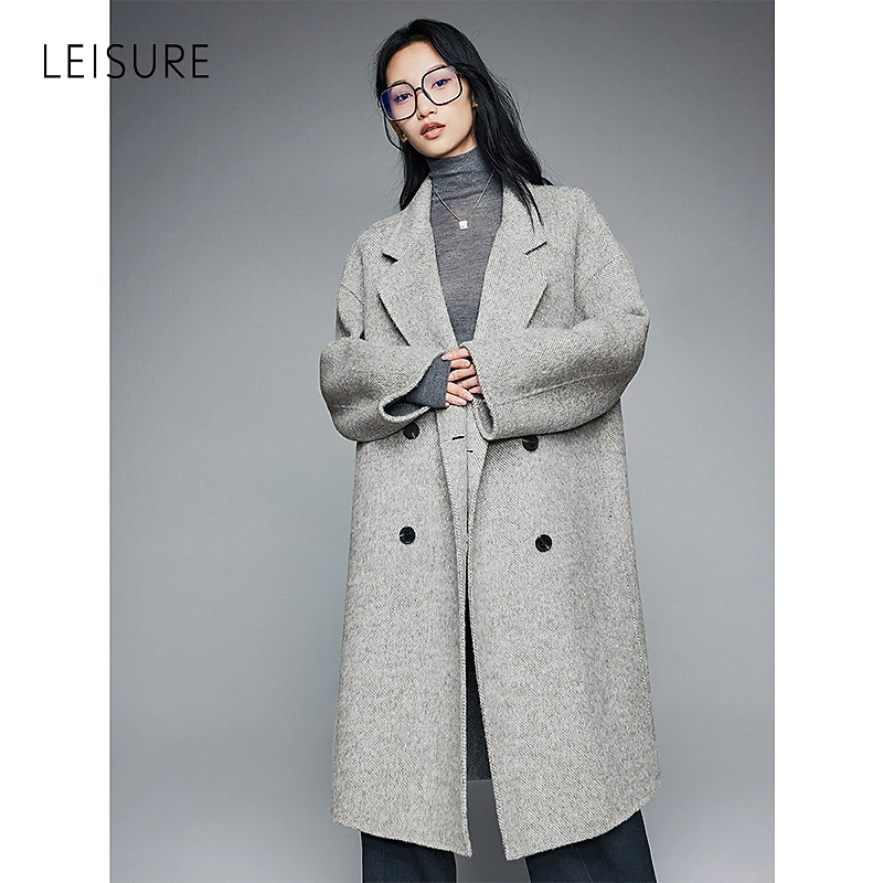丽雪leisure23秋冬新款经典气质款廓形修身双排扣毛呢大衣347701