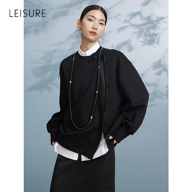 籽言专属LEISURE丽雪中国结宽松卫衣百搭盘扣设计感针织衫1174