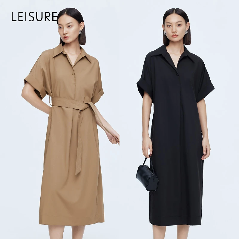 籽言专属丽雪LEISURE法式简约系带连衣裙气质翻领半袖中长裙1068