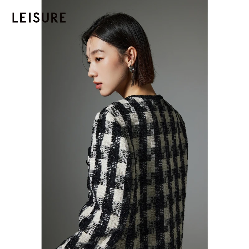 【商场同款】LEISURE丽雪经典黑白格面料箱型小香风短外套0081