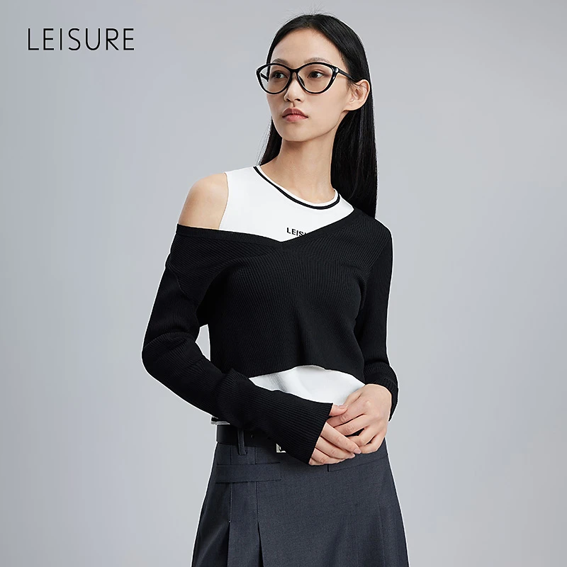 籽言专属LEISURE丽雪两件套上衣撞色百搭高弹力套头针织衫0893