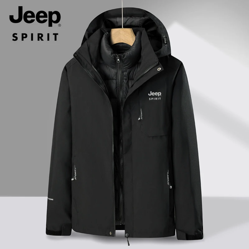 JEEP吉普冬季棉衣冲锋外套男士户外三合一可拆卸冬装羽绒棉服棉袄