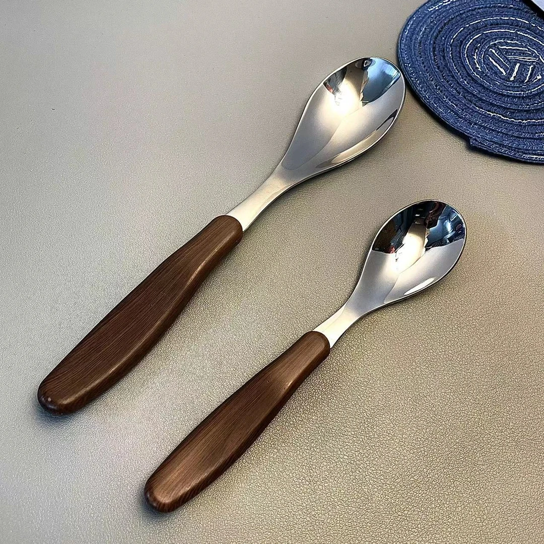 番薯厨房18-10不锈钢仿木纹勺子家用创意韩式长柄勺子餐具