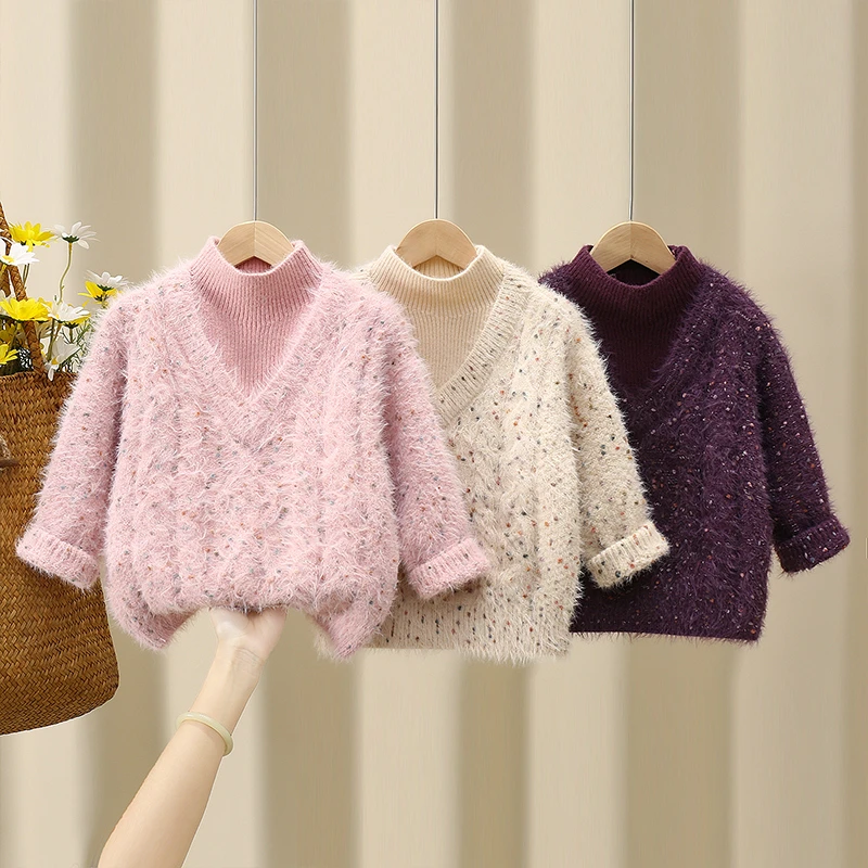 恬恬娃女童毛衣针织衫休闲秋冬大童洋气百搭假两件加厚套头不起球