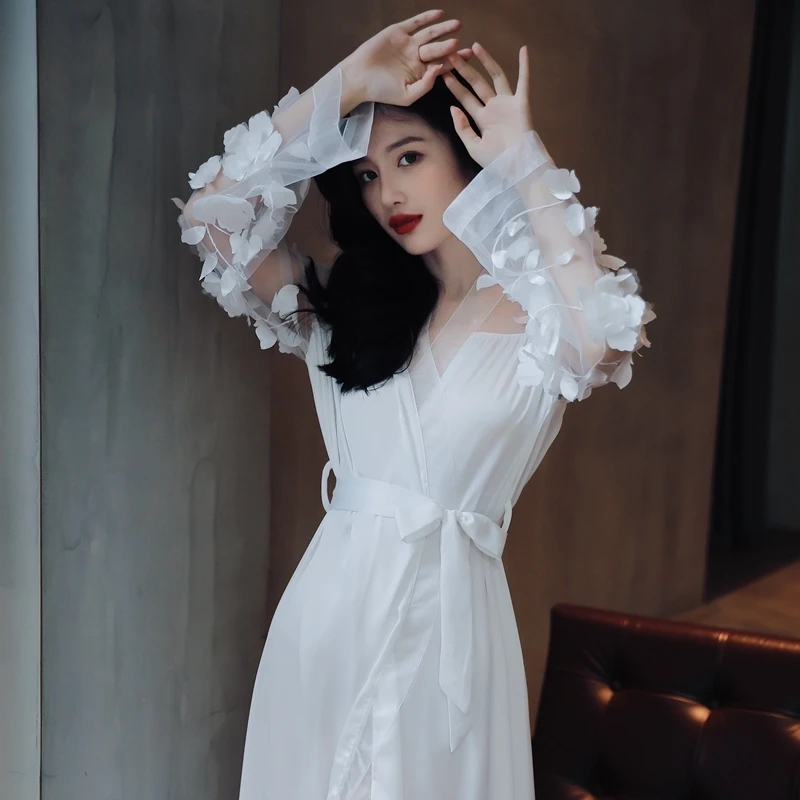 春秋轻纱款新娘晨袍女夏季新娘结婚高级感白色睡袍性感吊带睡裙仙