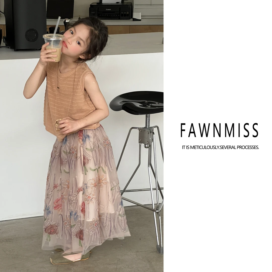 【花蕊】女中大童2024韩系新品洋气时尚网纱蕾丝女童叠穿短裙