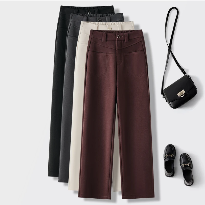 【早春新款】桑蚕 丝羊 绒加厚高腰气质显瘦弹力窄版直筒梧桐裤1723