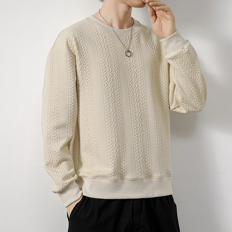 轻奢百搭春秋季长袖卫衣男士圆领打底衫潮男圆领简约纹理卫衣