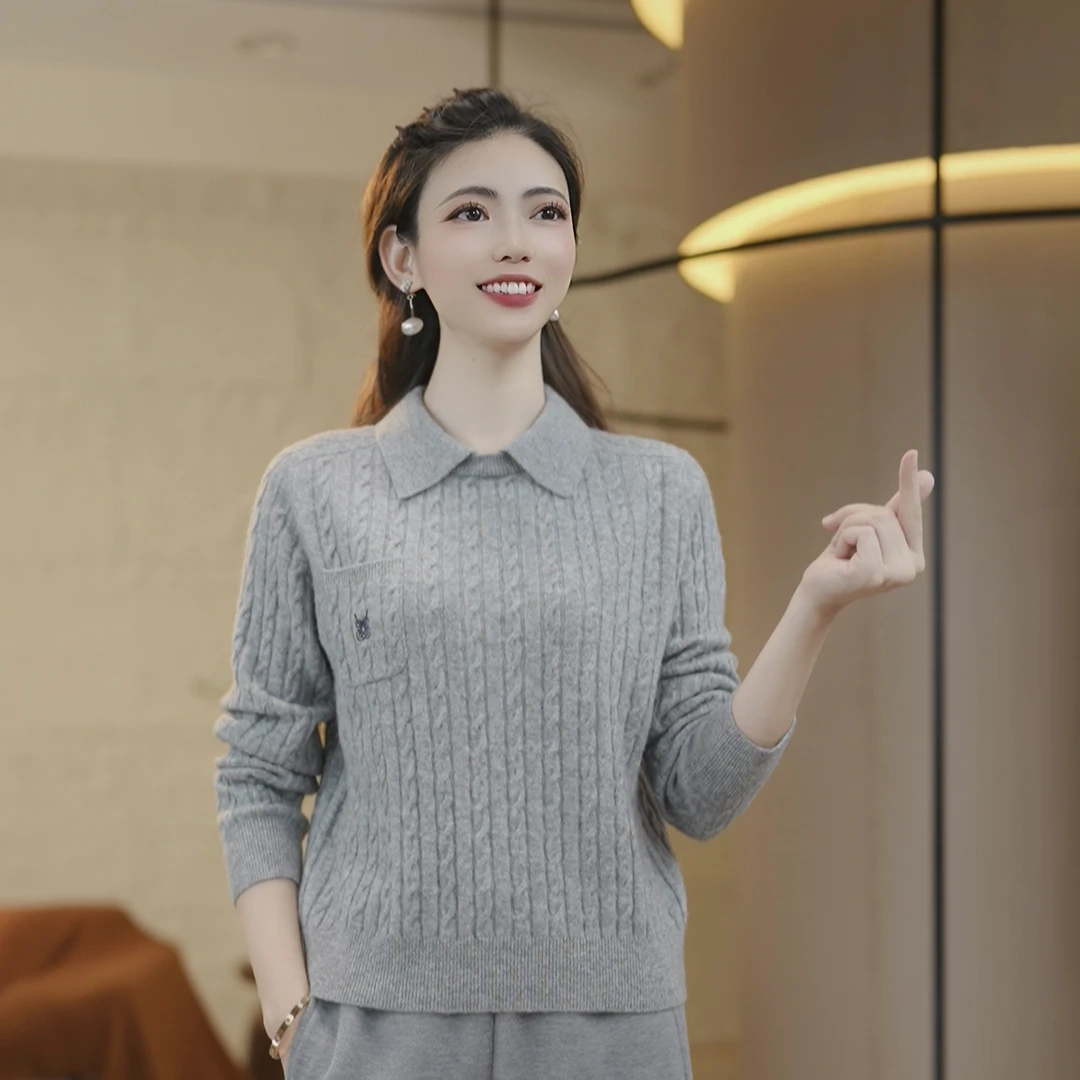 [100%纯羊毛]秋冬超细美丽诺羊毛衫质百搭翻领纯色上衣6656