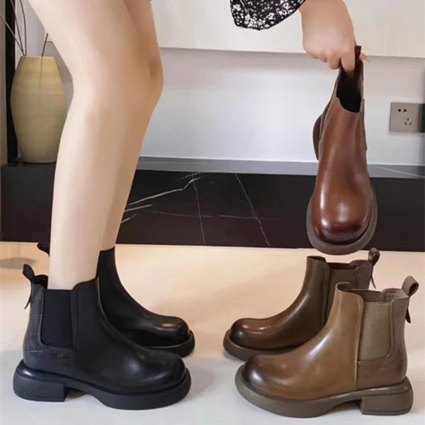 2024秋冬新款厚底圆头真皮复古擦色切尔西靴烟筒靴气质百搭短靴女