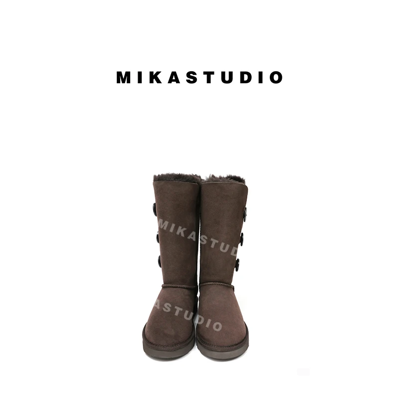 MIKASTUDIO/高筒三粒扣牛津底防滑加绒保暖靴 【100%羊皮毛】AXZSX