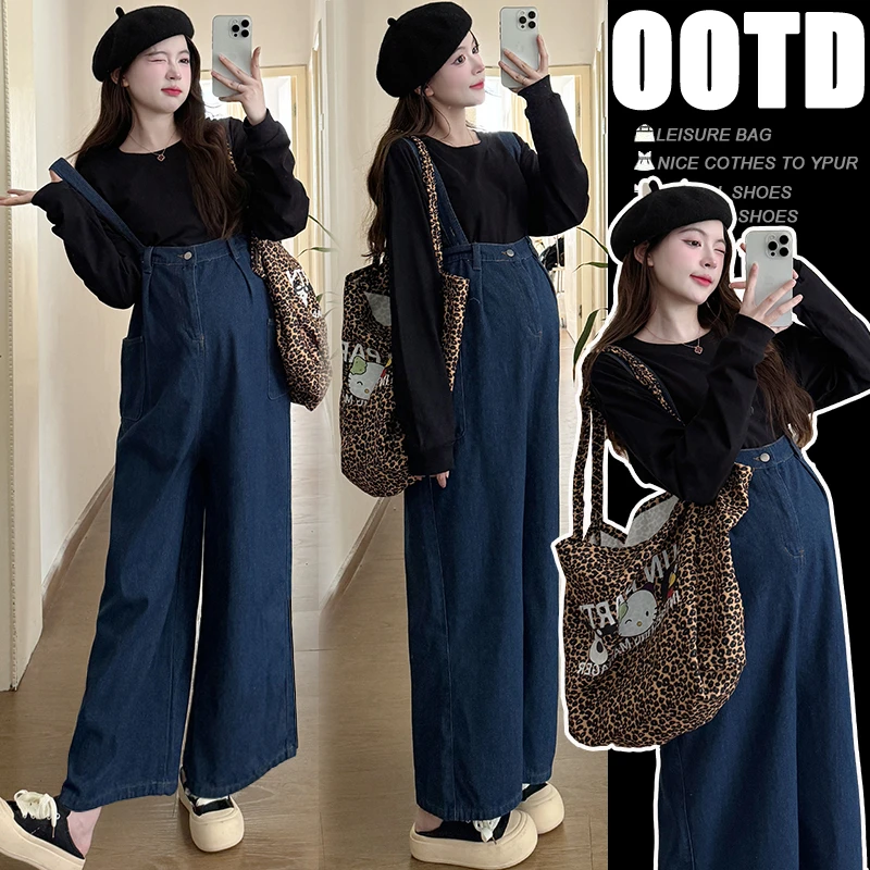 孕妇背带裤套装新款大码重工100棉打底卫衣+可调节松紧阔腿背带裤