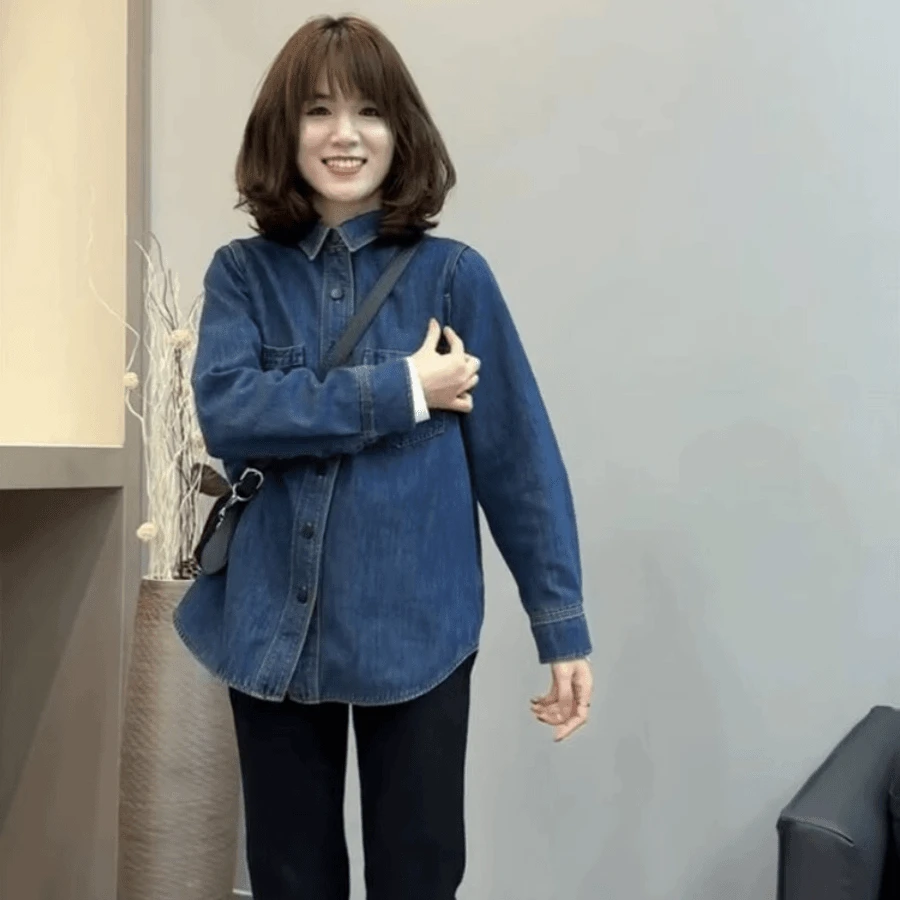 不卷边深蓝色软牛仔衬衫女春秋季内搭叠穿小个子衬衣法式复古上衣