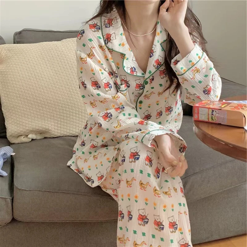 少女甜美睡衣套装泡泡纱家居服睡衣居家宽松大码小熊敲鼓动物园WJ
