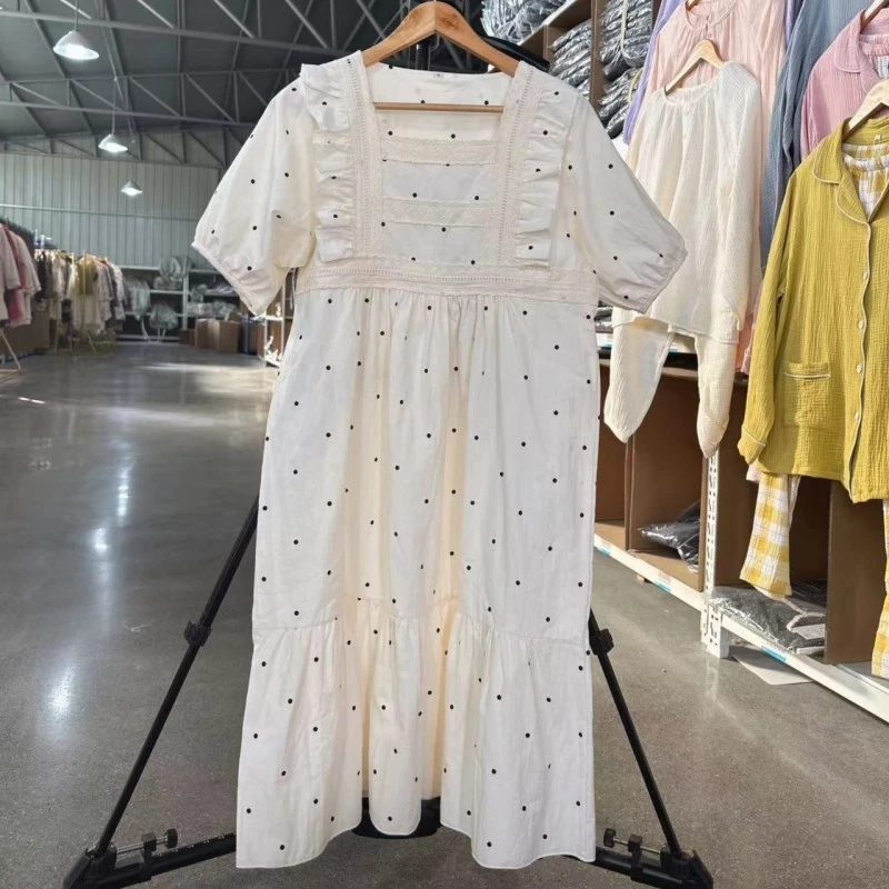 睡裙短袖女士纯棉双层纱布睡衣家居服裙子波点