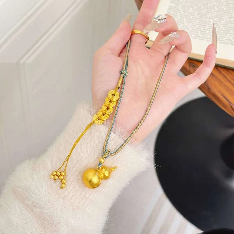 铜合金吊坠 时尚百搭手工福禄葫芦吊坠金色五帝钱编织项链