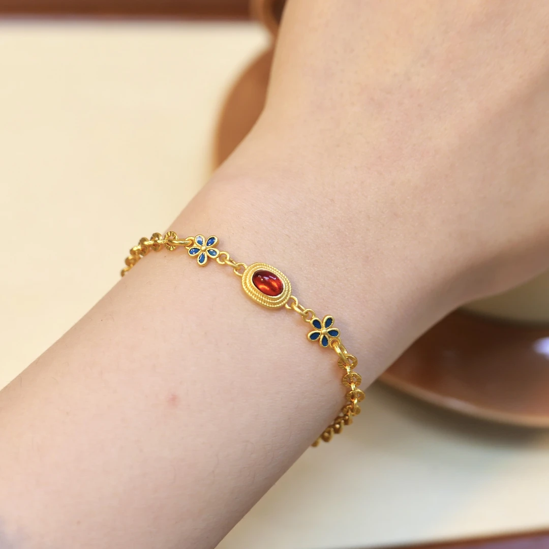 铜合金手链 新中式国潮风丨珐琅烧蓝花丝凤华小蓝花手链 S008