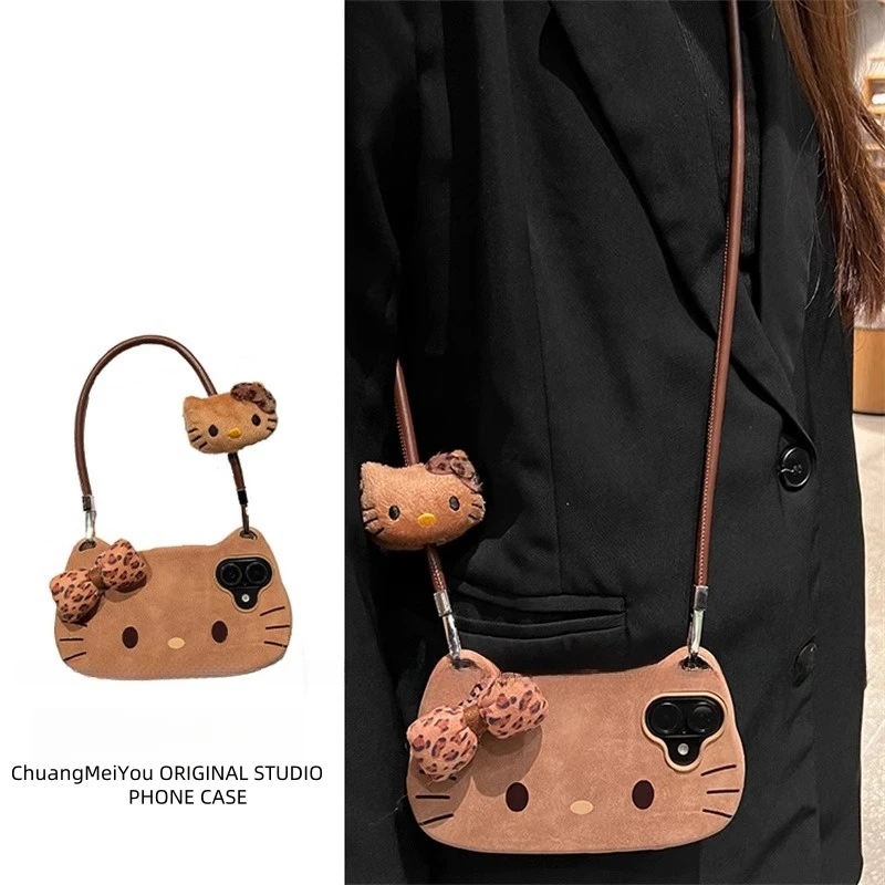 卡其kt猫蝴蝶结适用苹果17ProMax手机壳iPhone16挂绳15斜挎绳14套