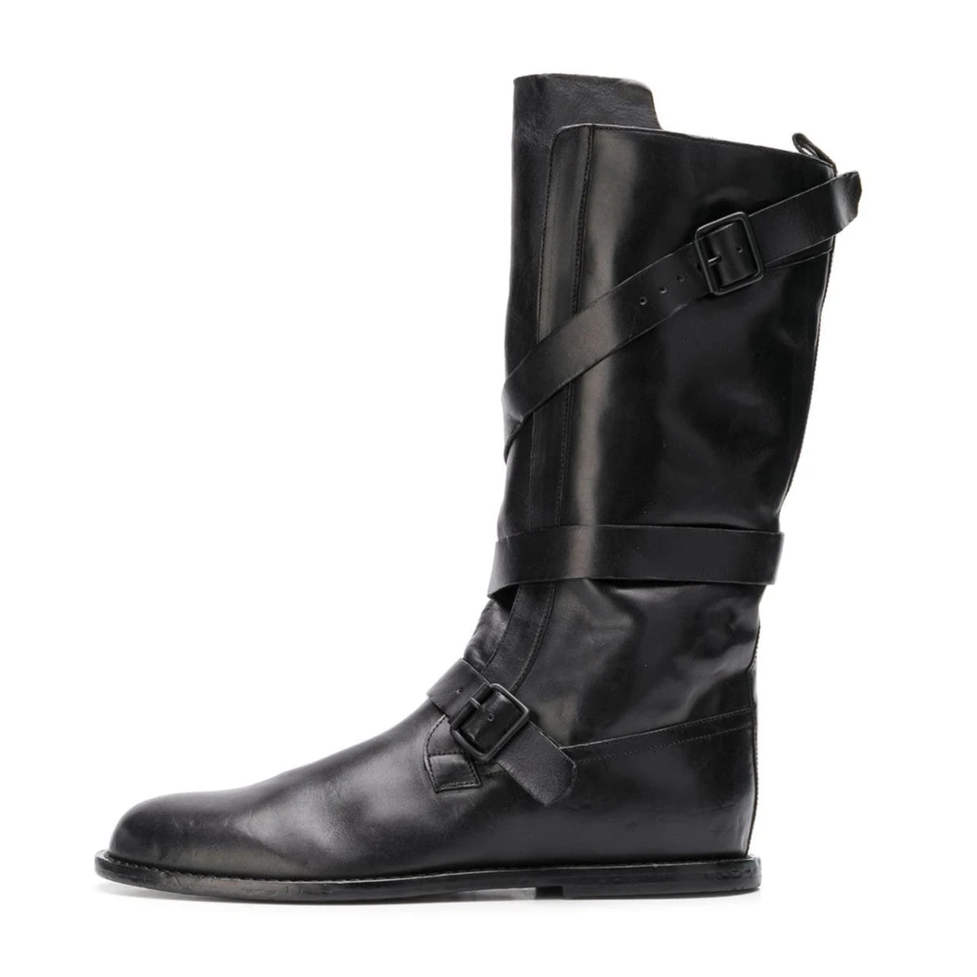 「里外全牛皮」高筒马丁靴时尚黑色高帮秋冬时装宽松中筒靴长筒靴