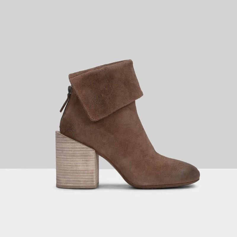 「里外全牛皮」时尚百搭粗跟圆头秋冬中跟冬季短筒靴磨砂皮绒面靴子