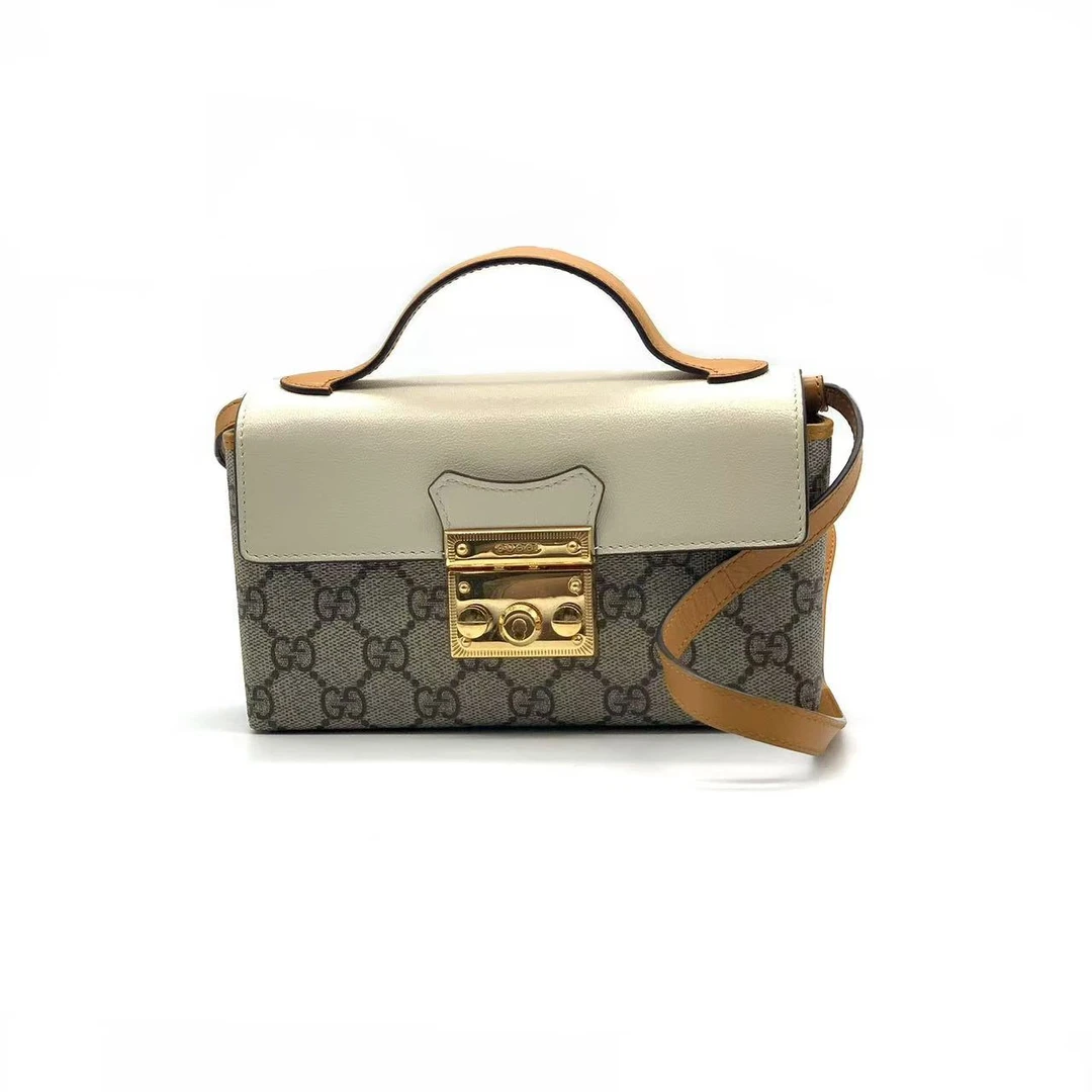 95新 GUCCI/古驰 拼白新款小号手提月光宝盒斜挎包/
