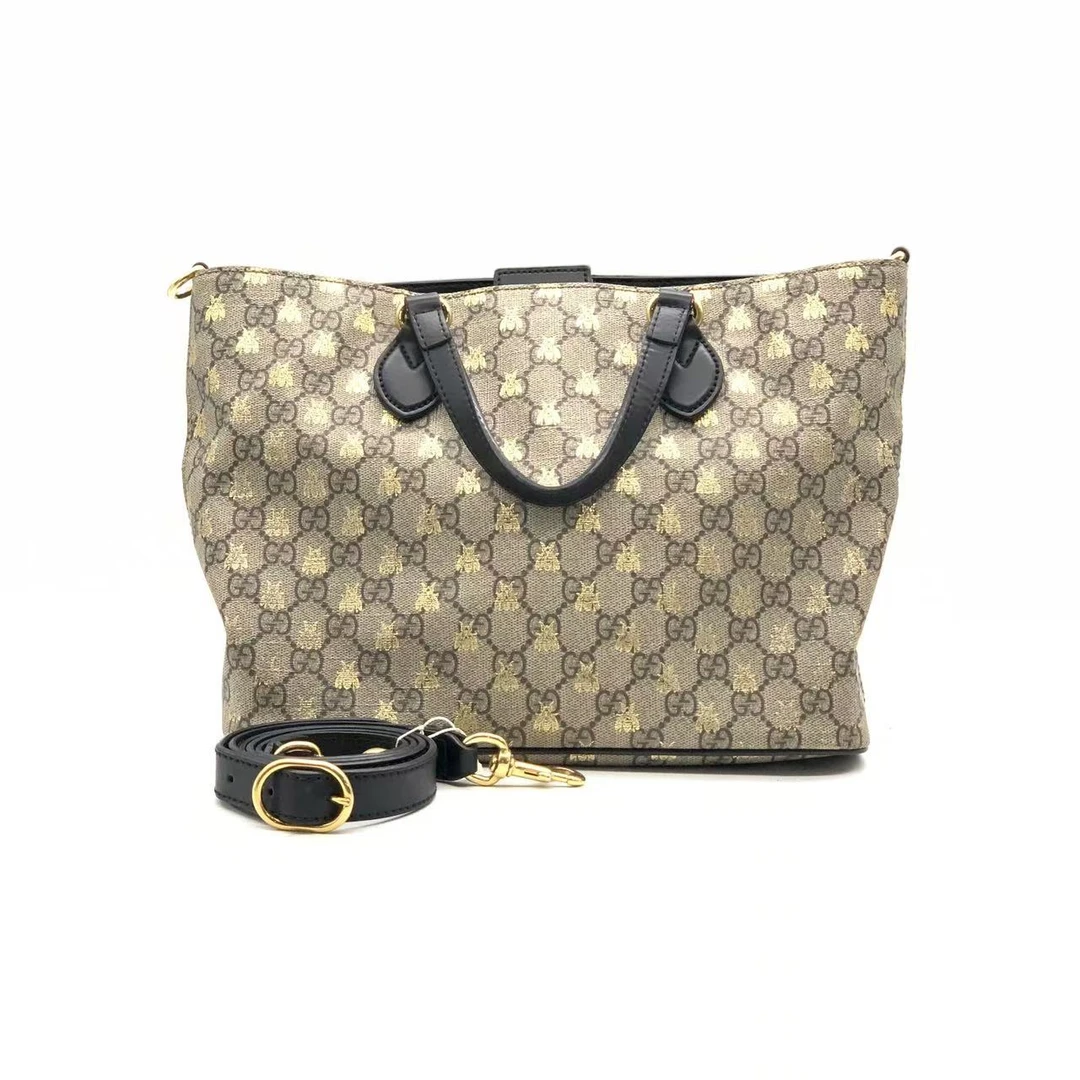 95新 GUCCI/古驰  老花拼黑蜜蜂烫金托特包