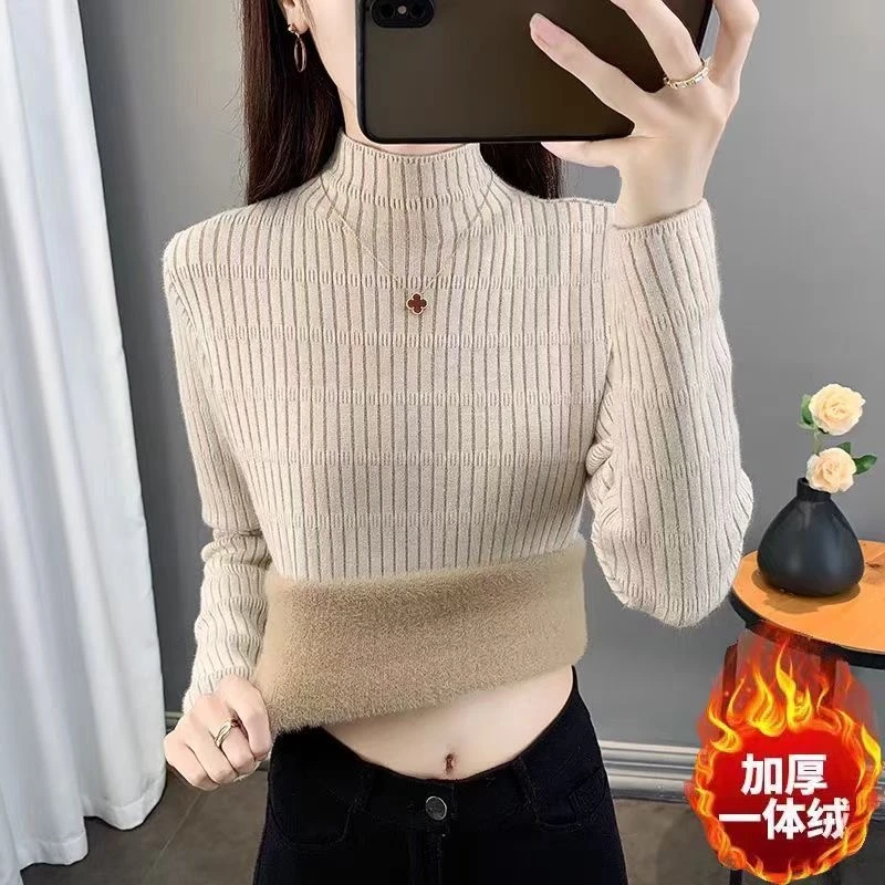 秋冬加厚一体绒网红毛衣女士2024新款内搭打底针织衫修身保暖上衣