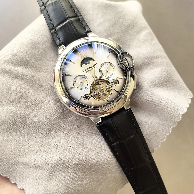 外贸蓝光气球飞行员个性时尚大盘男机械手表全自动镂空星辰月相表