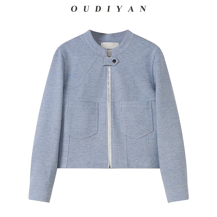 OUDIYAN | 小个子高端女装秋季新款立领拉链牛仔蓝短外套女