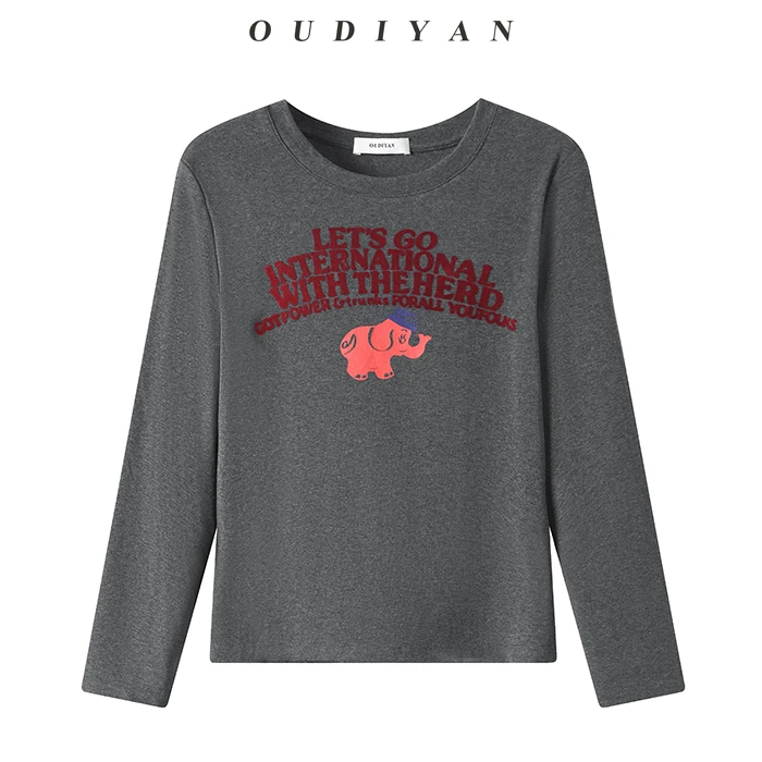 OUDIYAN | 小个子高端女装秋季新款印花圆领长袖T恤女内搭打底衫